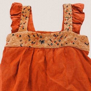 Arloom Rustic orange boho embroidered One a kind square neck ruffle top XS